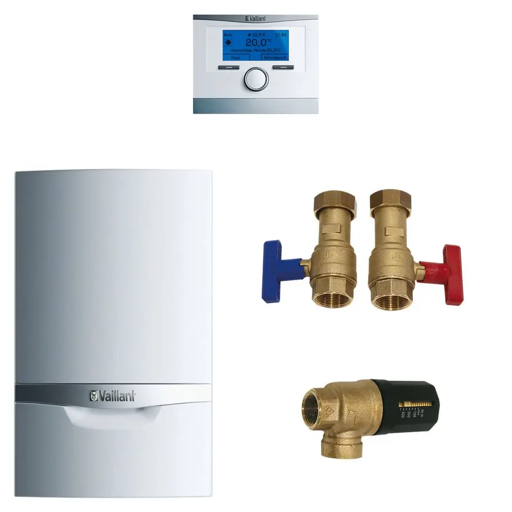 Vaillant Heizgerät in weißer Ausführung, verbunden mit einem digitalen Thermostat, zwei Absperrventilen in gold mit blauen und roten Griffen sowie einem weiteren goldenen Bauteil.